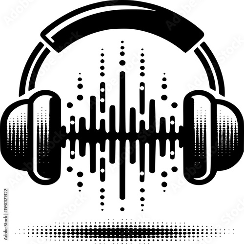 Sound Waves of Listening: A sleek, monochrome illustration features a pair of headphones emanating sound waves, capturing the essence of auditory experience.