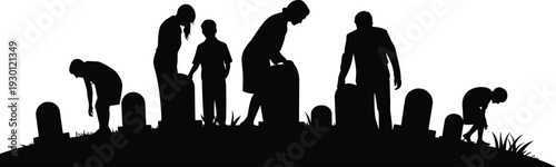 Silhouette illustration of people mourning at cemetery, grief artwork vector, remembrance design symbol, memorial concept illustration, loss reflection artwork, cad drawing flat vector illustration