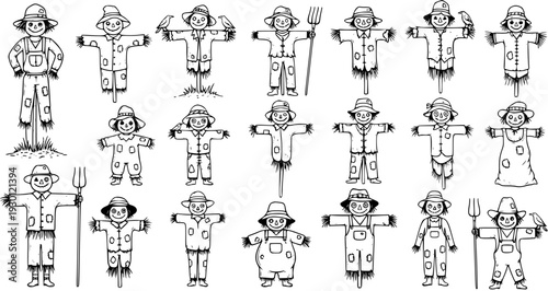Hand-drawn doodle sketch illustration set of various happy scarecrow characters in different poses, perfect for farm, autumn, harvest, and Halloween designs.