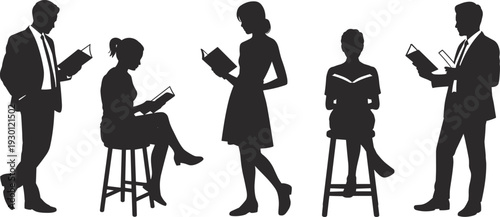 Silhouette illustration of people reading books, educational artwork vector, study concept design, learning symbol illustration, diverse readers artwork, cad drawing flat vector illustration
