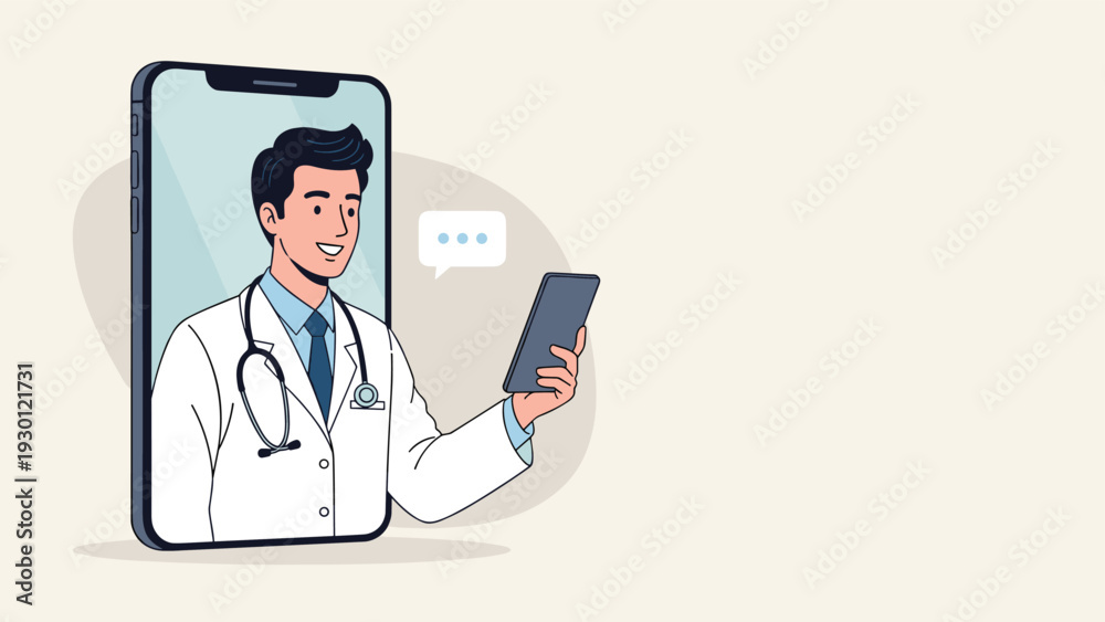 Fototapeta premium Professional male doctor with a stethoscope appearing on a smartphone screen while holding a tablet to provide online consultation.