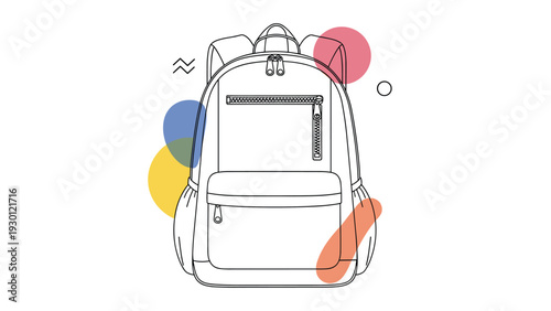 Line art illustration of a school backpack with various colorful geometric shapes and circles floating in the background.