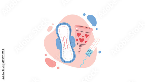 Illustration of essential menstrual hygiene products featuring a blue sanitary pad and a pink menstrual cup and a white tampon.