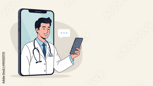 Professional male doctor with a stethoscope appearing on a smartphone screen while holding a tablet to provide online consultation.