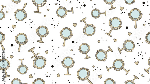 Seamless pattern of small vintage hand mirrors with beige frames and small hearts against a white background with black dots.
