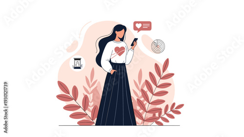 Young woman standing and checking her smartphone with a heart-shaped like icon and speech bubbles surrounded by leafy plants.