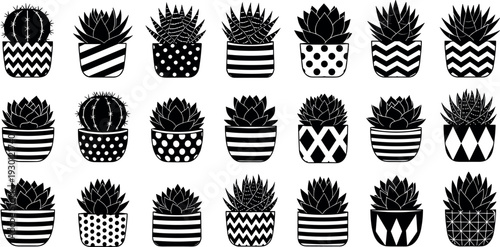 Set of black succulent and cactus silhouettes in decorative patterned pots for home decor garden themed designs and laser cutting,