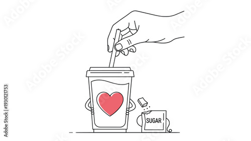 Hand stirs a drink in a paper cup with a heart while adding a sugar cube from a torn sugar packet against a white background.