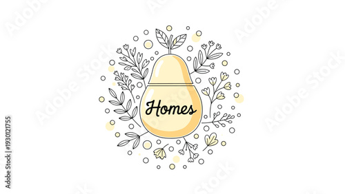 Charming illustration of a yellow pear inside a circular frame of delicate flowers and leaves with the word homes in the center.