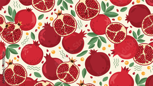Vibrant seamless pattern of whole pomegranates and sections showing red seeds with green leaves on a light cream background.
