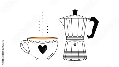 Simple line drawing of a steaming cup of coffee with a heart and a classic moka pot against a plain white background.