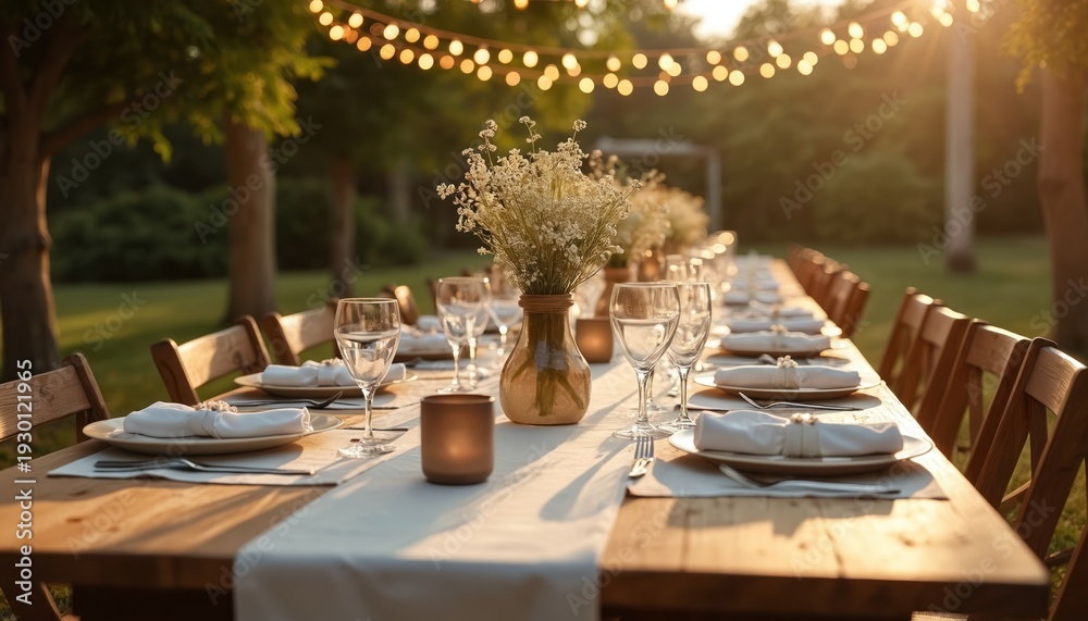 Fototapeta premium Long wooden table set for outdoor wedding banquet with string lights overhead. Floral centerpiece and place settings await guests for an evening meal.
