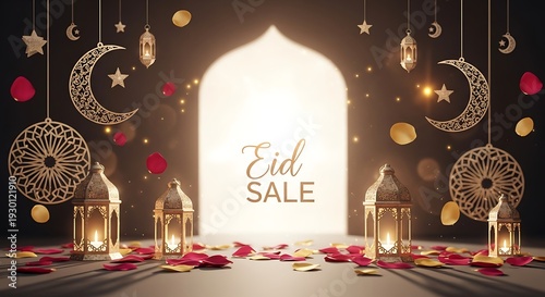 Festive eid sale advertisement with ornamental lanterns and crescent moons