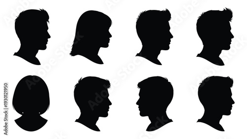 A group of eight black silhouettes of people's heads isolated on white background, Vector
