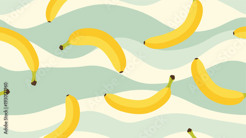 Dynamic seamless pattern of bright yellow bananas floating over a background of wavy light blue and cream colored lines.