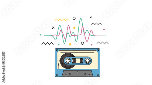 Vintage audio cassette tape with sound wave visualizations and colorful geometric shapes in a retro music concept art.
