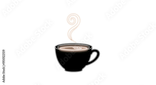 Minimalist vector illustration of a hot steaming beverage in a dark cup on a white backdrop
