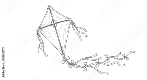 Artistic monochrome sketch of a playful flying kite adorned with decorative ribbons and bows