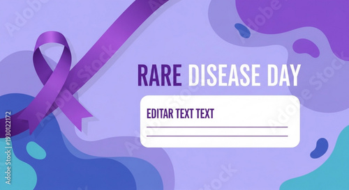 Purple ribbon awareness for rare disease day with text box on abstract background