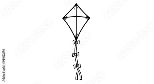 Minimalist line art illustration of a classic diamond-shaped kite with a charming bow-decorated tail