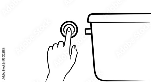 Minimalist Line Art Illustration Depicting a Hand Pressing a Toilet Flush Button in a Bathroom