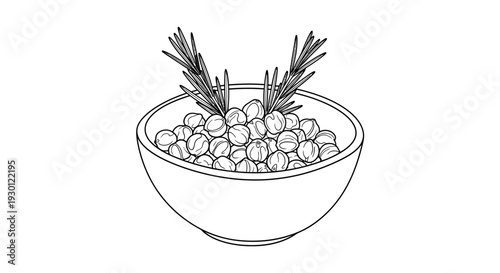 Outline drawing of a bowl filled with wholesome chickpeas and fresh rosemary sprigs, perfect for