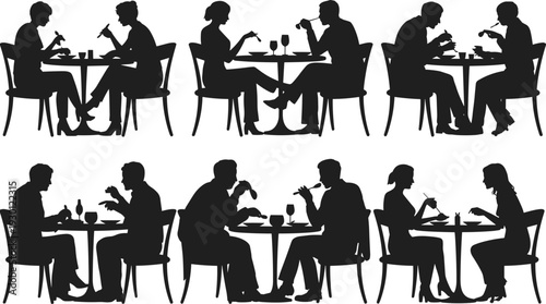 Black silhouette of people dining at restaurant tables, couples eating and talking, architectural entourage CAD drawing flat vector illustration for post digital rendering. (22 words)
