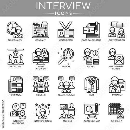 Interview icon set with candidate, HR, and meeting symbols in modern vector style.