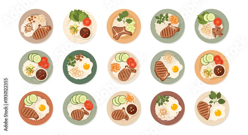 Set of Vietnamese Broken Rice (Com Tam) with Grilled Pork Chops and Fried Egg Illustrations