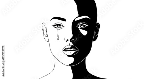 Striking graphic illustration portraying human duality, emotion, and the profound interplay of