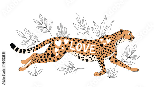 Running cheetah or leopard decorated with the word love and small hearts surrounded by botanical leaf illustrations.