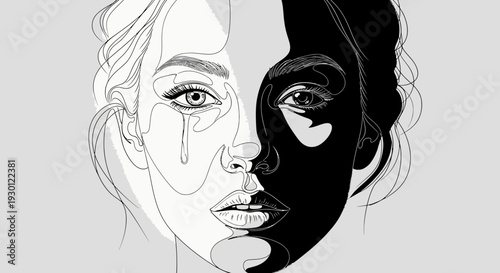 Expressive split-face monochrome artwork illustrating emotional duality with delicate line art and