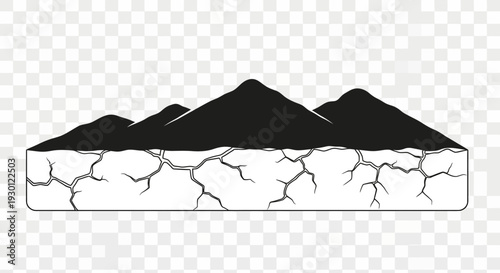 Stylized graphic depicting mountain peaks over a deeply cracked dry land surface, symbolizing