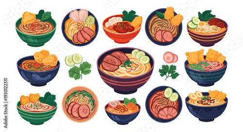 Vietnamese Noodle Soup Bowls Collection, Pho and Ramen Vector Illustration Set