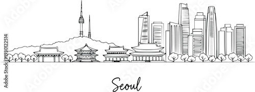 Seoul Skyline Line Art Vector with N Seoul Tower and Traditional Korean Architecture