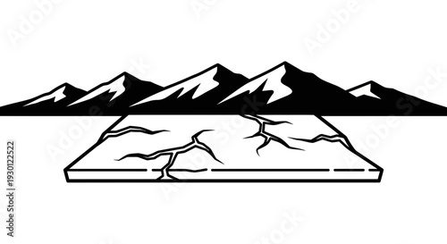 Minimalist graphic illustration of cracked earth foreground with distant rugged mountain range