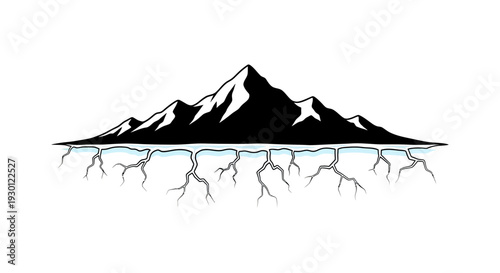 Stark mountain range with icy base and deep cracks beneath, symbolizing environmental fragility