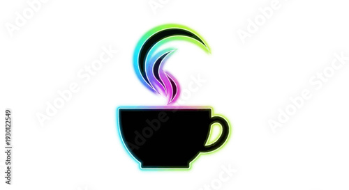 Mesmerizing neon gradient steam rises from a sleek dark coffee cup icon on a pristine white