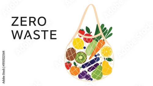 Eco friendly zero waste mesh bag filled with various fresh fruits and vegetables to promote sustainable shopping.