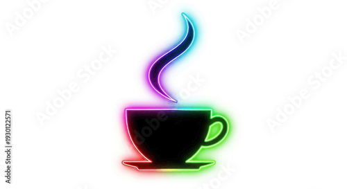 Vibrant neon coffee cup with colorful glowing steam on a clean white background creative design