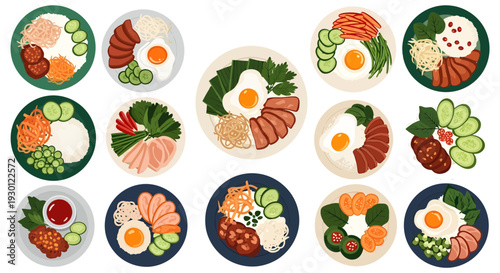Vietnamese Broken Rice Dishes Collection, Com Tam with Grilled Meat and Fried Egg Vector Illustration Set