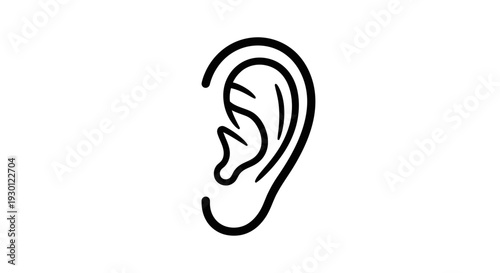 Minimalist black outline drawing of the human ear, symbolizing sound and listening
