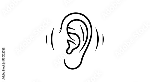 Simple outline illustration of a human ear with sound waves, representing hearing and auditory