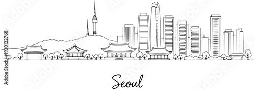 Seoul Skyline Line Art Vector Illustration – South Korea Landmark Outline