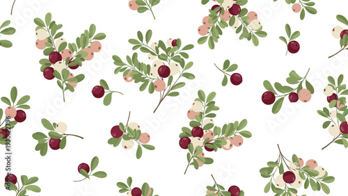 Seamless botanical pattern with red and pink cranberries or lingonberries on green branches over a white background.
