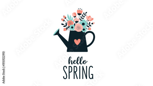 Dark blue watering can filled with a beautiful bouquet of spring flowers and a heart to celebrate the new season.