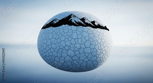 Abstract textured celestial body with mountain silhouette floating in a peaceful blue gradient