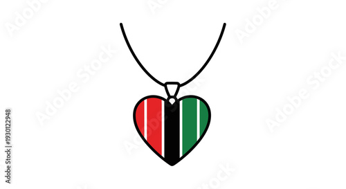 Stylized heart pendant with vibrant red black green stripes hanging from a simple necklace artwork