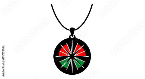 Stylized black necklace with circular pendant featuring red and green geometric starburst design