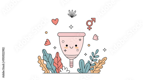 Cute menstrual cup character with a smiling face surrounded by botanical leaves and gender symbols for period care.